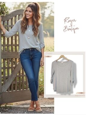 🌿Cupio Women's Large Light Gray 3/4 Sleeve Top – Soft Knit – Size Large